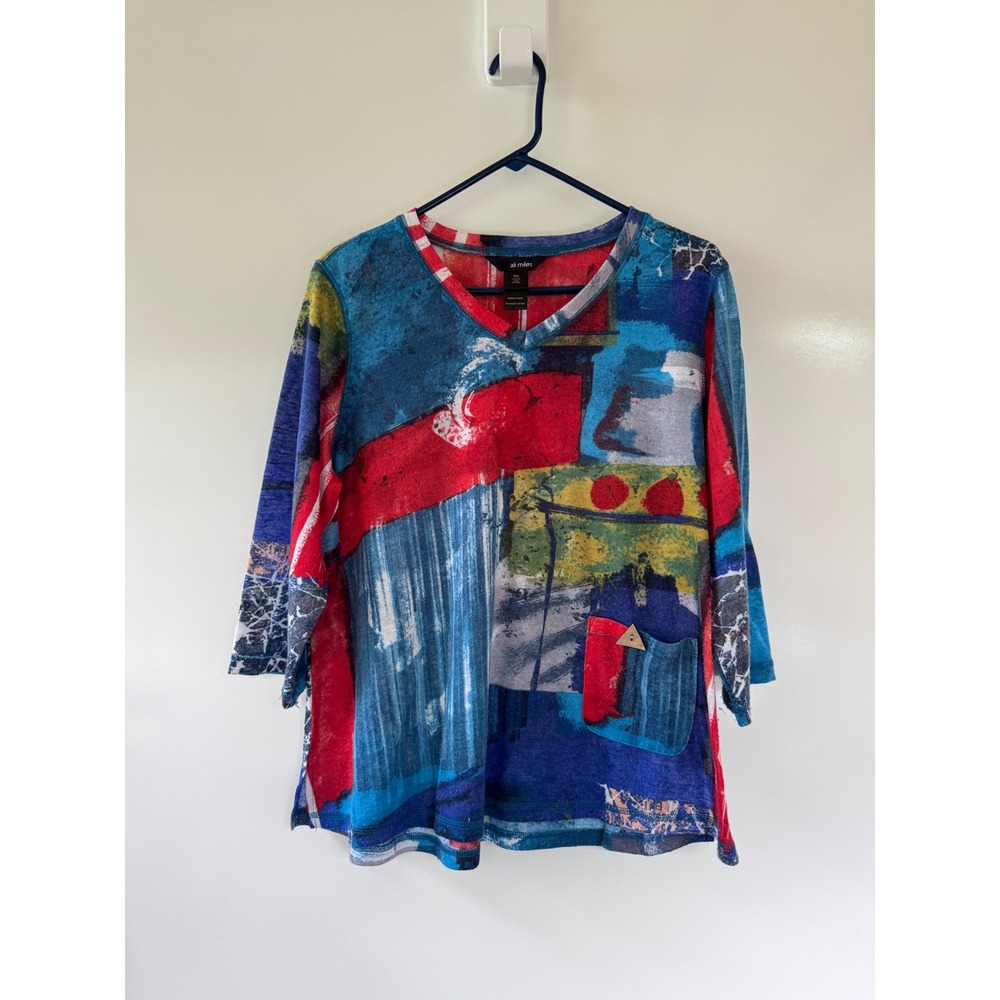 Ali Miles Art to Wear Abstract Print Tunic Top Blue Red Multi 3/4 Sleeve PXL